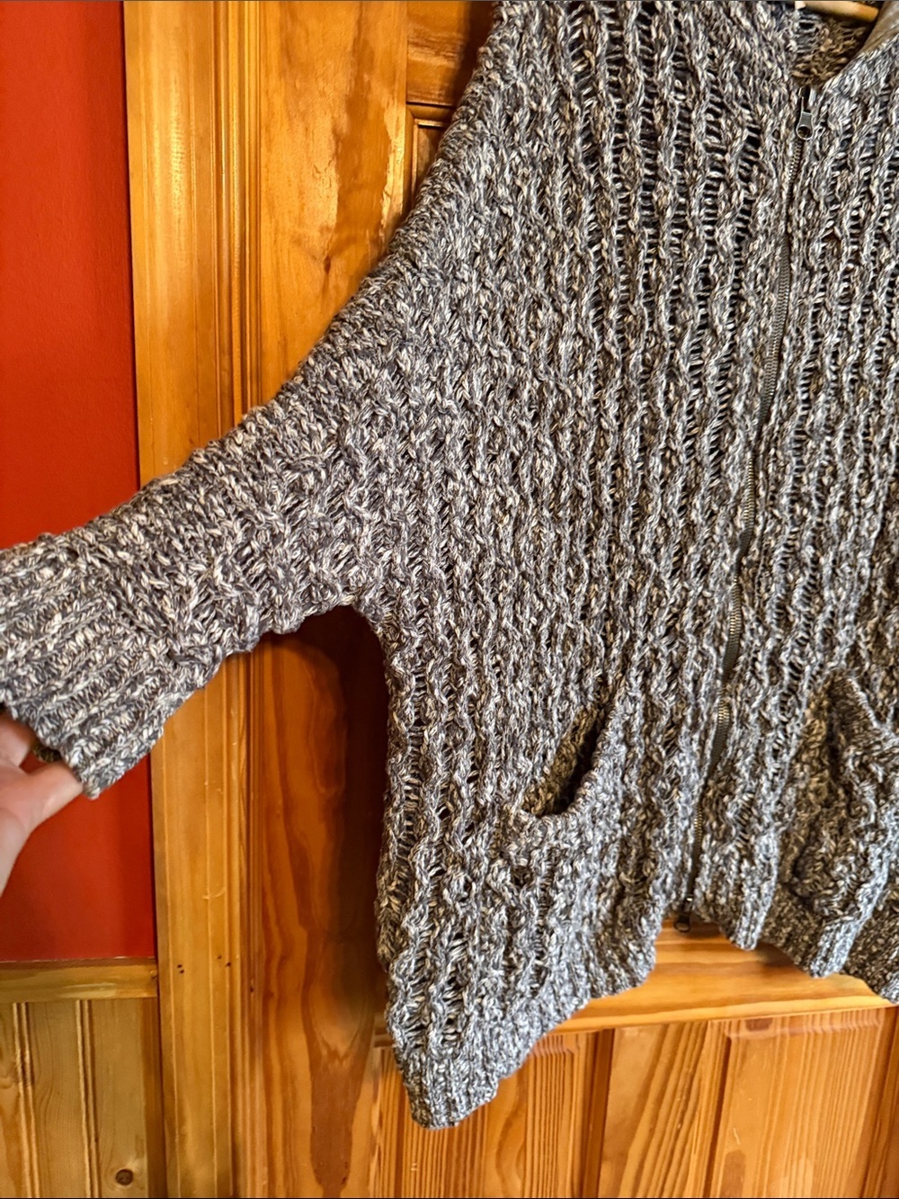 Free People Gray Marled Open-Knit Hooded Zip Cardigan - Picture 5 of 7